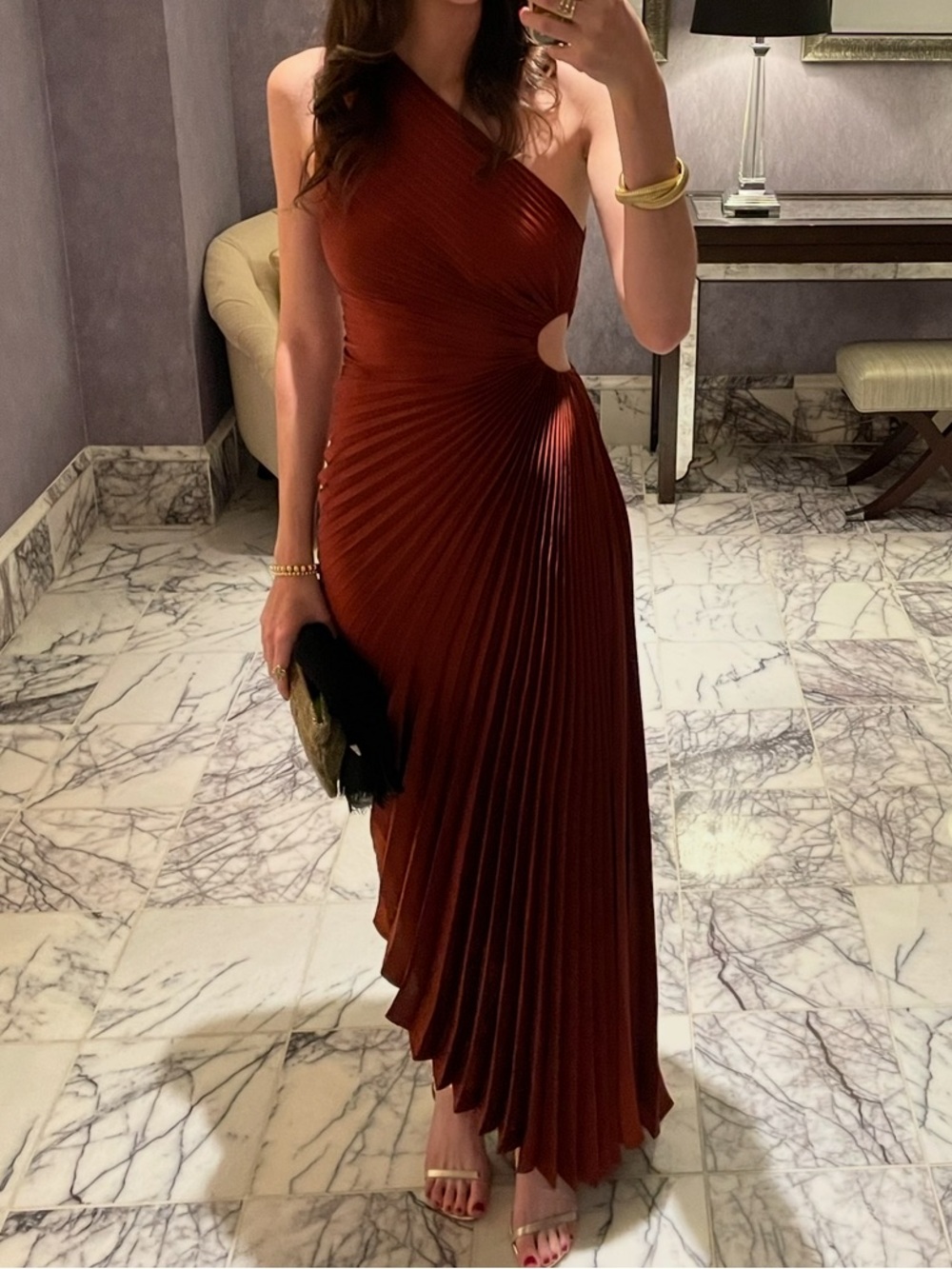 ALC One Shoulder Pleated Gown in Rust